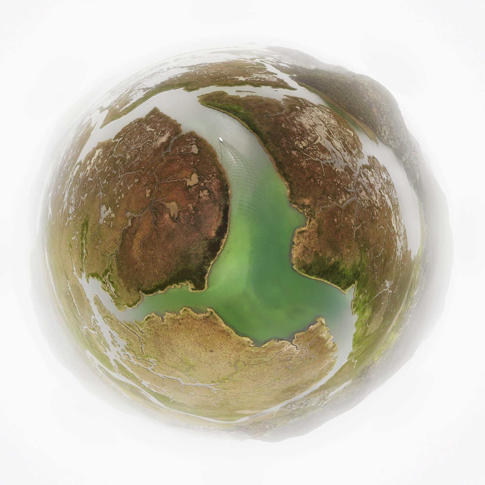 Aerial wetland landscape rendered as a circular globe